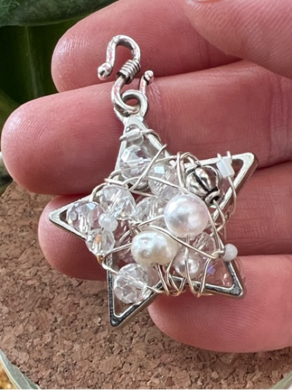 Silver Star Pendant with White Pearls and Crystal Beads